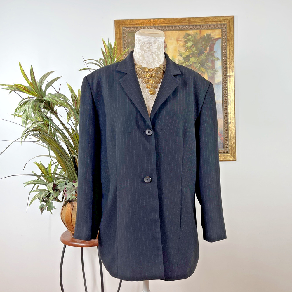 Worthington‎ Womens 10 Black Pinstripe Blazer Longline Career Business Jacket